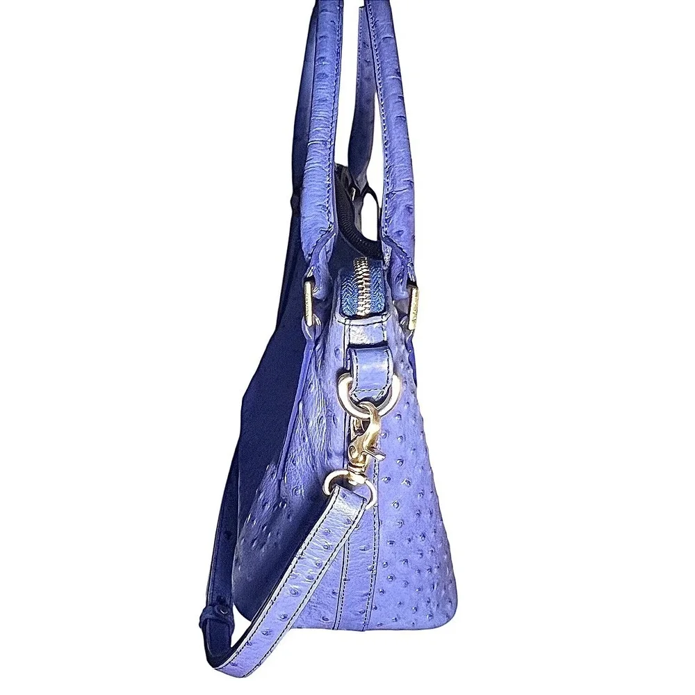 Brahmin Norah periwinkle ostrich-embossed leather satchel shoulder strap include